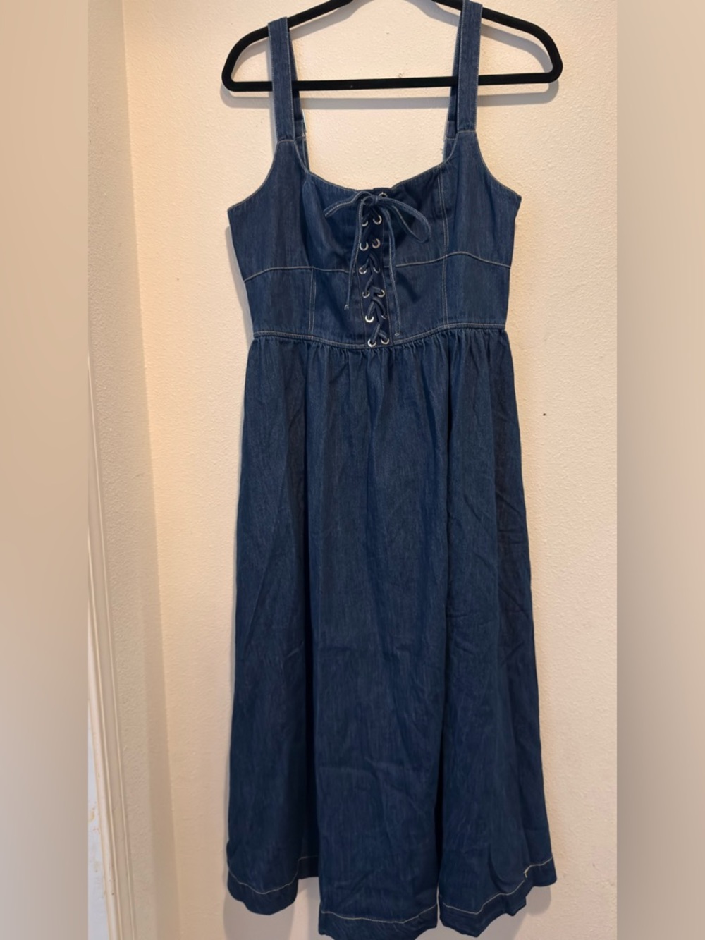 Blu Pepper Dark Blue Denim Midi Dress with Lace-Up Bodice
